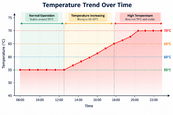 Temperature time series showing normal operation, a rising trend and a high-temperature plateau.