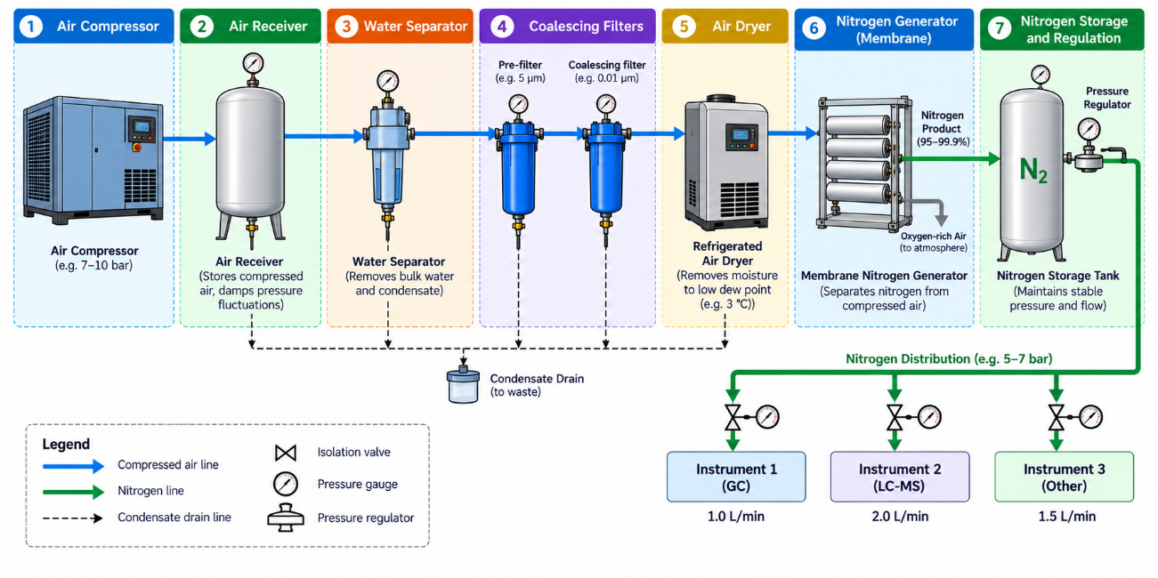 Compressed air receiver, dryer and filters feeding a nitrogen generator and instruments.