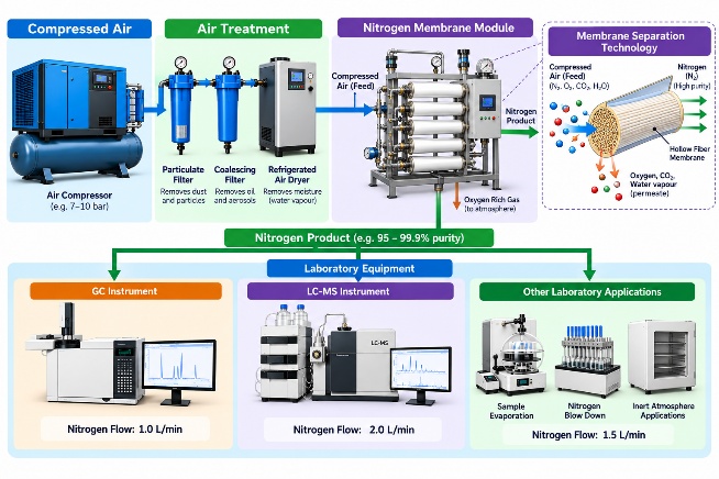 Membrane nitrogen generator separating compressed air for laboratory instruments.