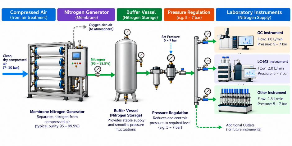 Nitrogen generator feeding a buffer vessel and regulated supply to laboratory instruments.
