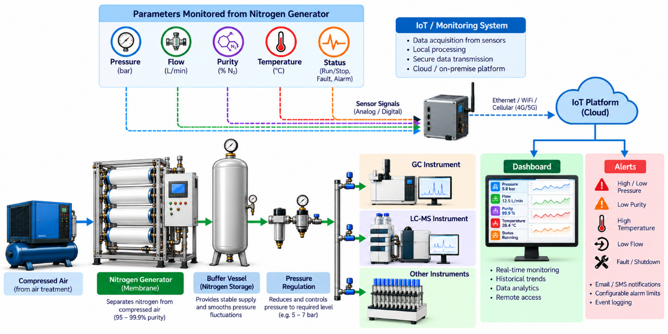 Monitoring nitrogen generator parameters, connecting a gateway and dashboard to laboratory instruments.