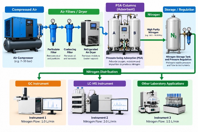 PSA nitrogen generator: compressed air treatment, adsorption columns and distribution to laboratory instruments.