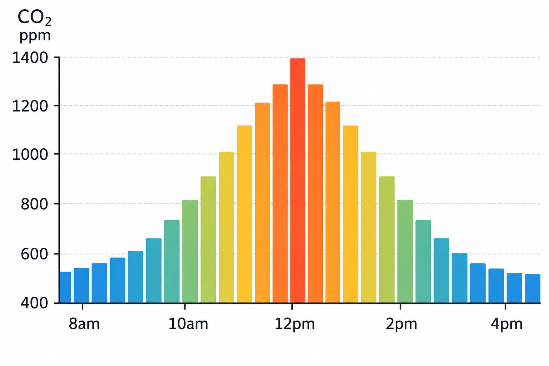 Example daily CO₂ readings rising towards midday and falling later in the afternoon.