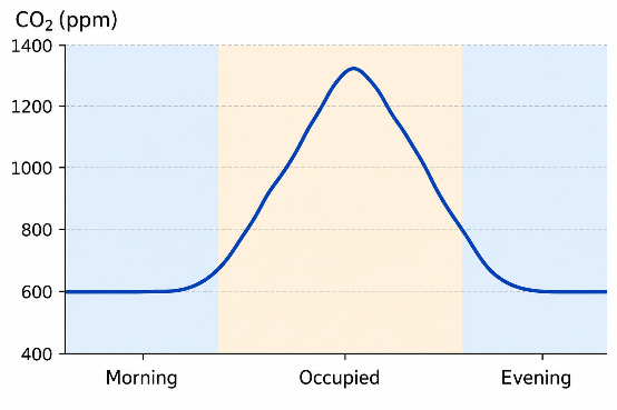 CO₂ concentration increasing with room occupancy and falling again after people leave.