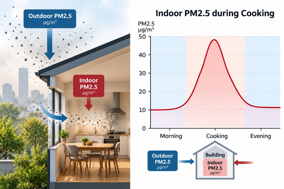 Outdoor particles entering a building alongside an indoor cooking-related PM2.5 spike.