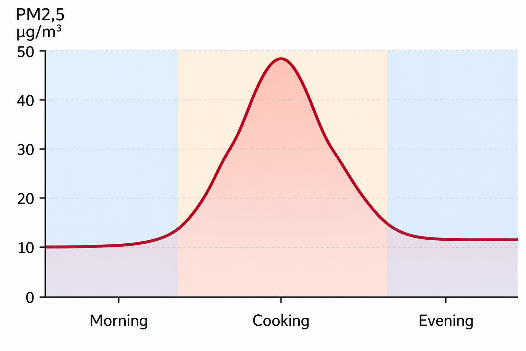 PM2.5 concentration rising during cooking and returning to baseline afterwards.